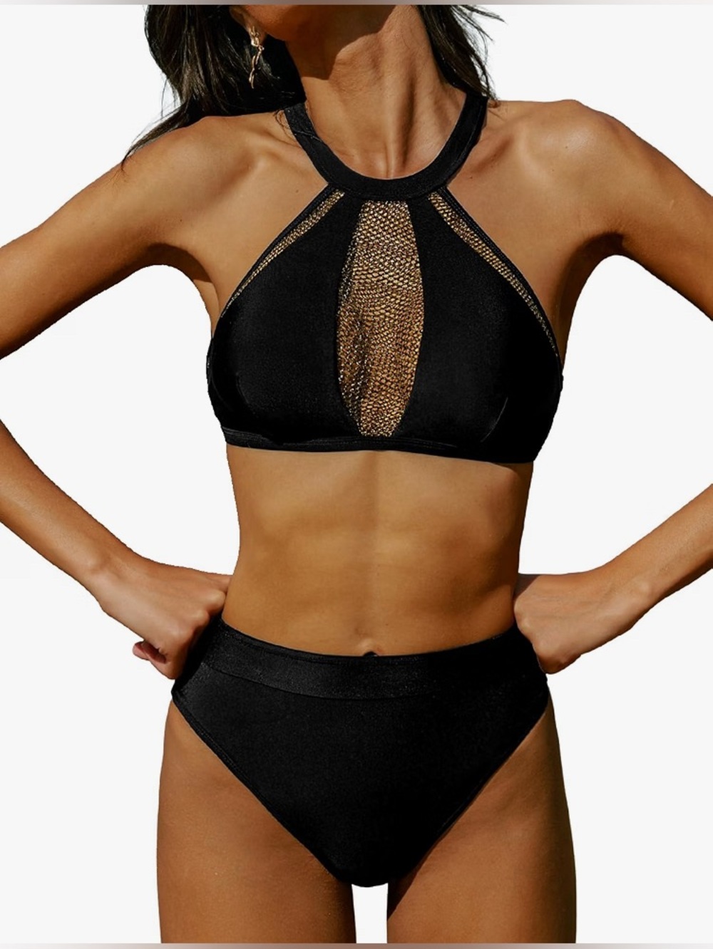 Cupshe Black High Neck Mesh-Panel Bikini bottom only